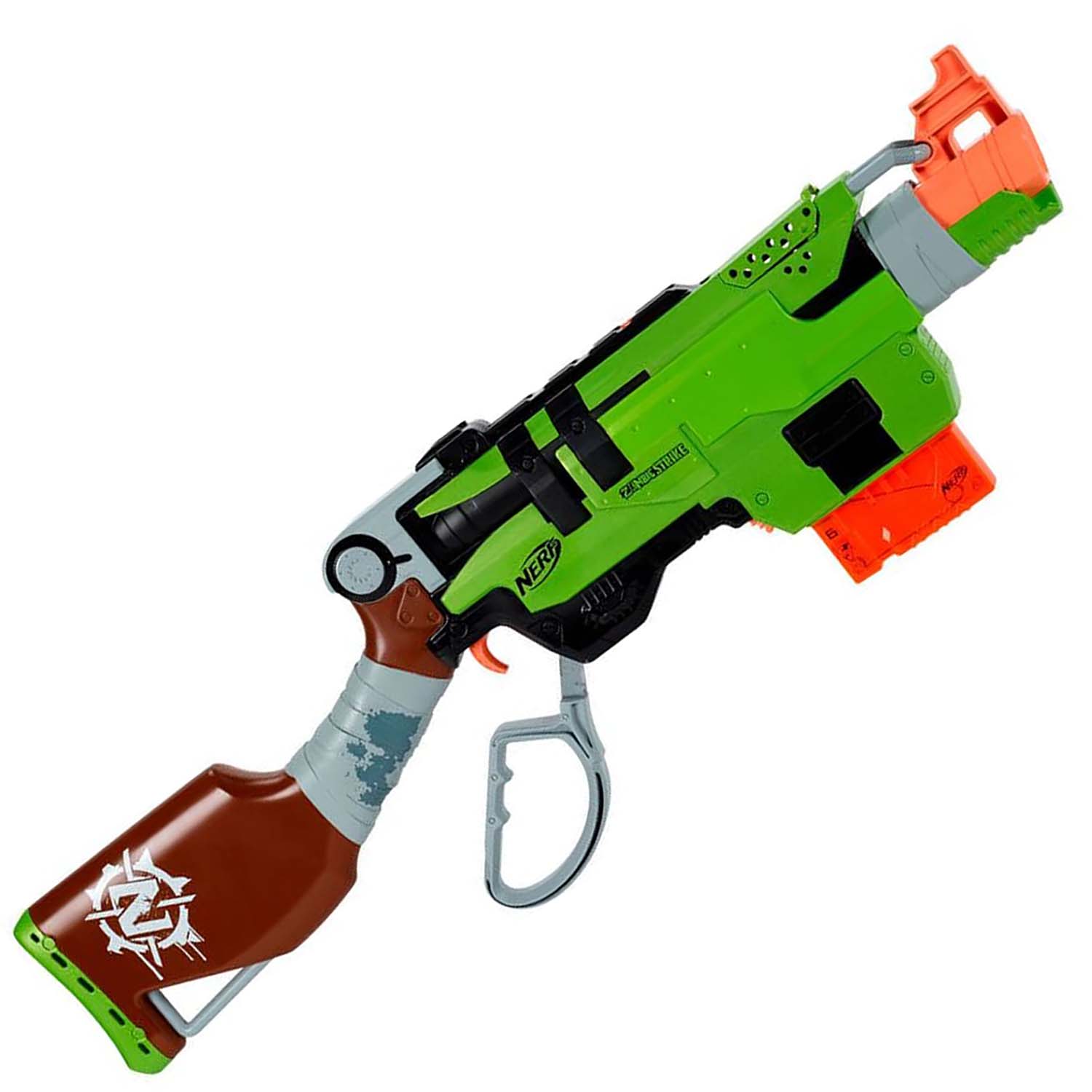 A SledgeFire Nerf Zombie Strike shotgun blaster toy beside printable crossword puzzle materials for second grade students